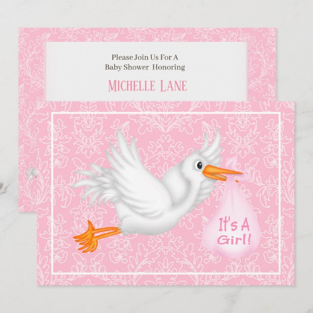 Cute Stork es una invitación a Baby Shower rosa Ch (Anverso / Reverso)