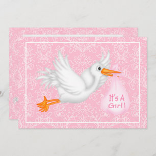 Cute Stork es una invitación a Baby Shower rosa Ch
