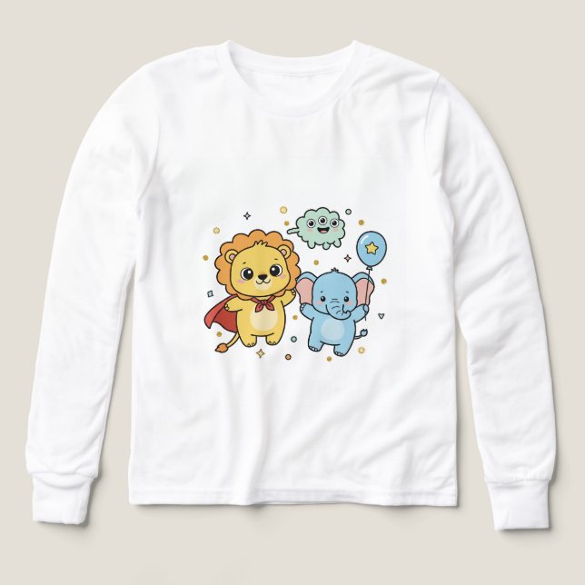 Cute Superhero Lion and Elephant Friends Cartoon (Diseño frontal)