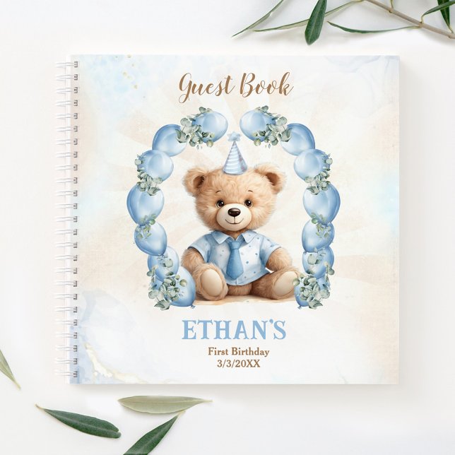 Cute Teddy Bear 1er cumpleaños Libro de invitados  (Cute Teddy Bear 1st Birthday Blue Guest Book)