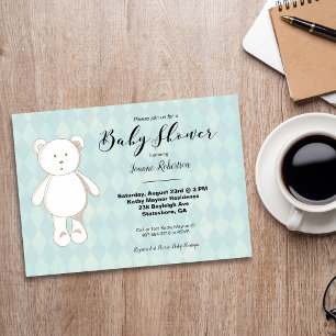 Cute Teddy Bear Baby Shower   Aqua Blue Argyle