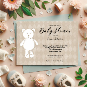 Cute Teddy Bear Baby Shower   Tan Argyle neutral