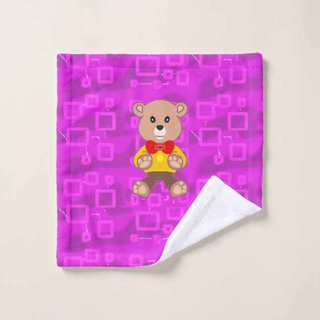 Cute Teddy Bear on Pink Geometric  (Toallita)