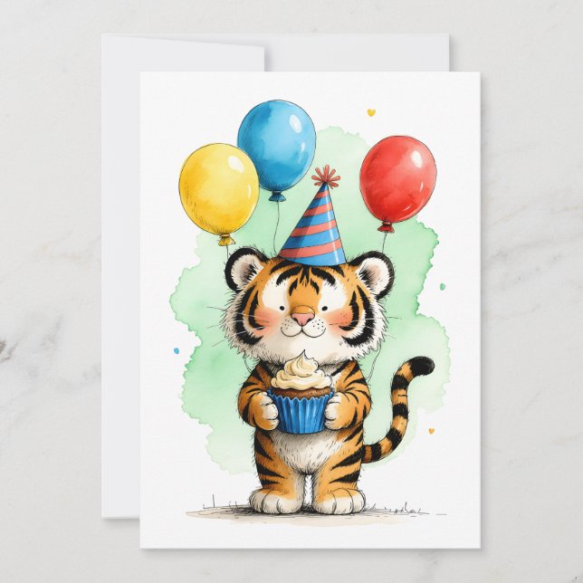 Cute Tiger & Cupcake Tarjeta plana de cumpleaños f (Anverso)