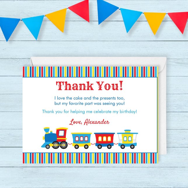Cute Train Birday Tarjeta de agradecimiento (Train Thank You card with a cute cartoon train in primary colors. Can be edited for any event)