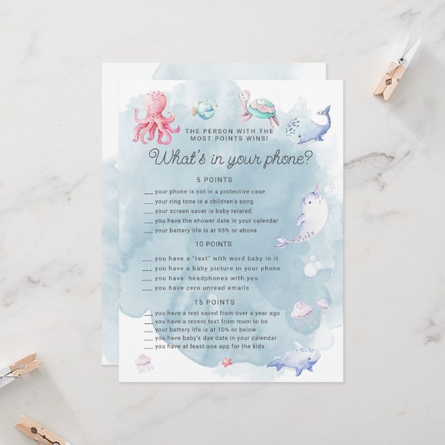 Cute Under Sea Baby Shower Phone Game Card (Anverso/Reverso In Situ)