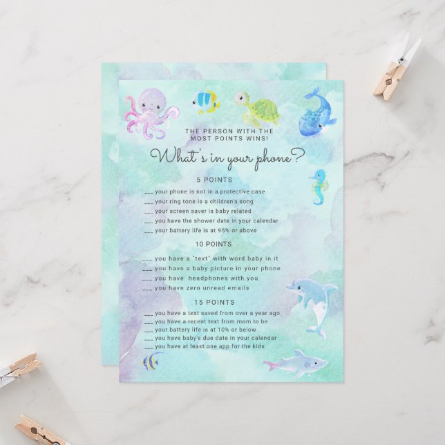 Cute Under Sea Baby Shower Phone Game Card (Anverso/Reverso In Situ)