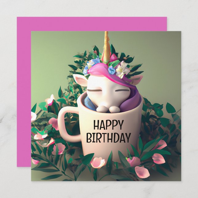 Cute Unicorn Digital Painting Happy Birday Card (Anverso / Reverso)