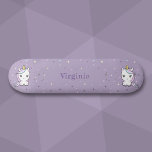 Cute Unicorn Purple Skateboard<br><div class="desc">A purple Skateboard with cute unicorns, polka dots background and a customizable forename. A great gift for a skateboarder who love Kawaii design and purple color!</div>