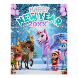Cute Unicorn & Reindeer New Year Poster for Kids