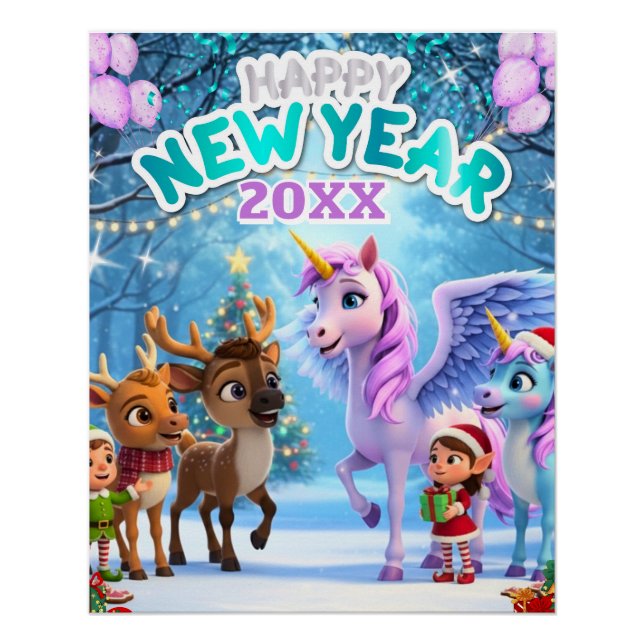 Cute Unicorn & Reindeer New Year Poster for Kids (Anverso)