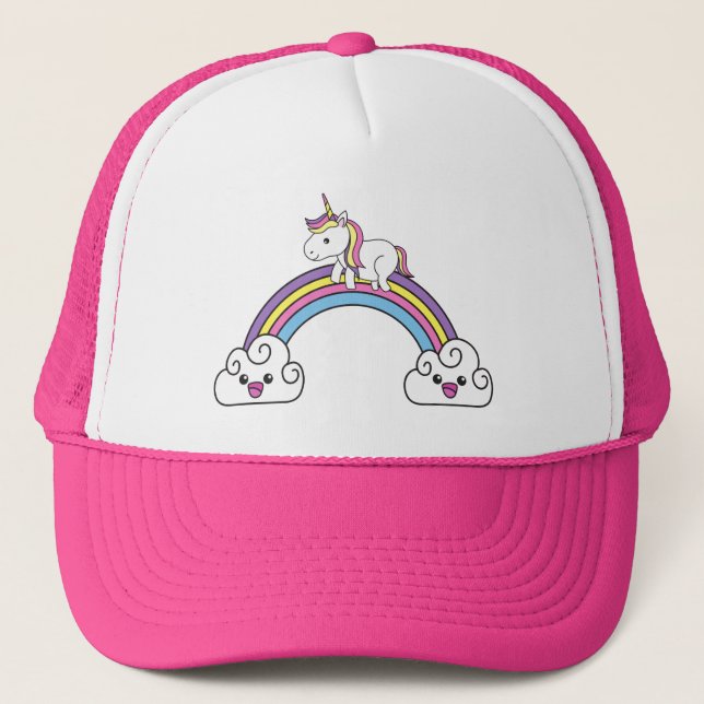 Cute Unicornio En Sombrero Camionero Arcoiris (Anverso)