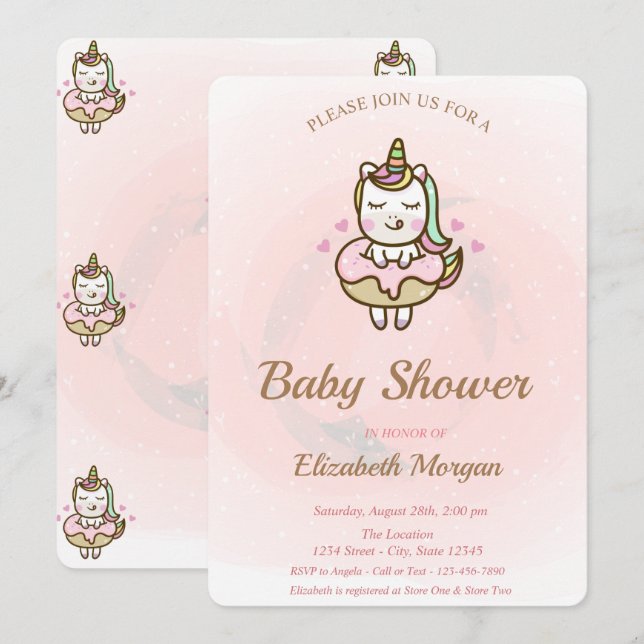 Cute Unicornio, Invitación de Donut Baby Shower (Anverso / Reverso)
