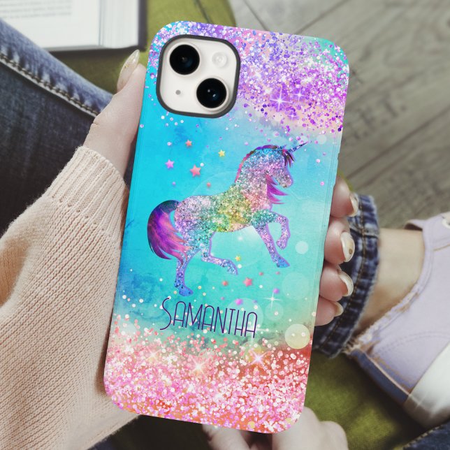 Cute unicornio rosa Glitter arcoíris aqua monogram (Subido por el creador)