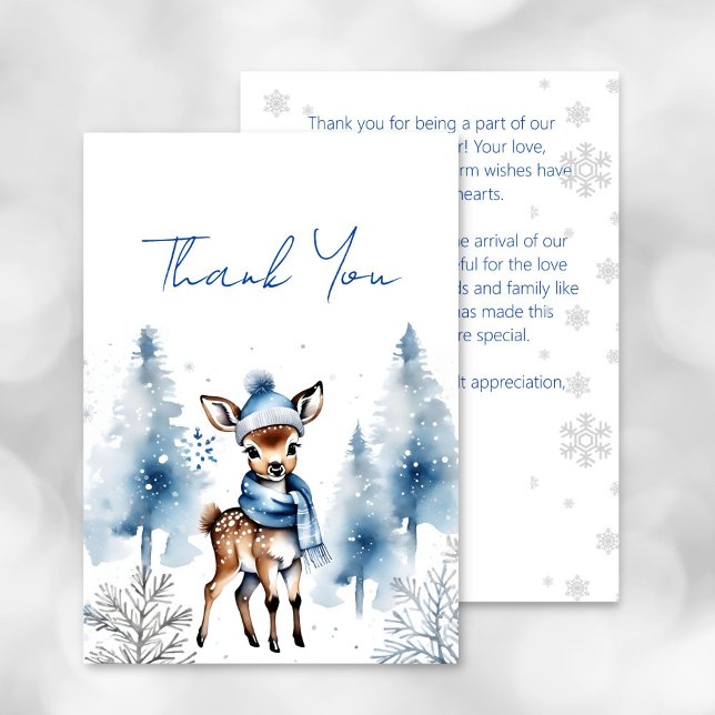 Cute venado Winter boys baby ducha tarjeta de agra (oh deer winter baby shower thank you card watercolor cute baby deer in a scarf and hat snowy pines)