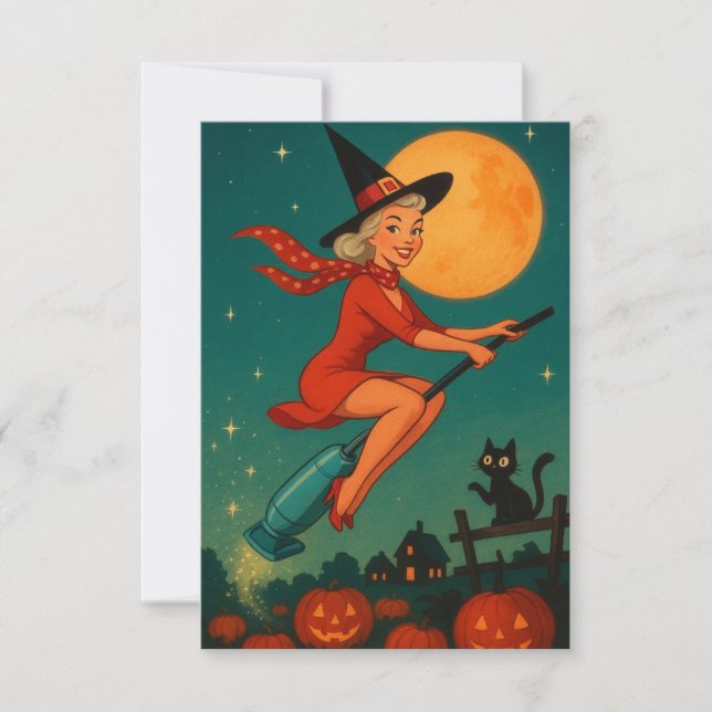 Cute Vintage Halloween Witch On Broom (Anverso)
