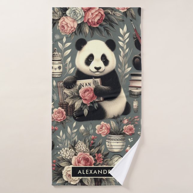 Cute Vintage Panda Floral (Toalla de baño)