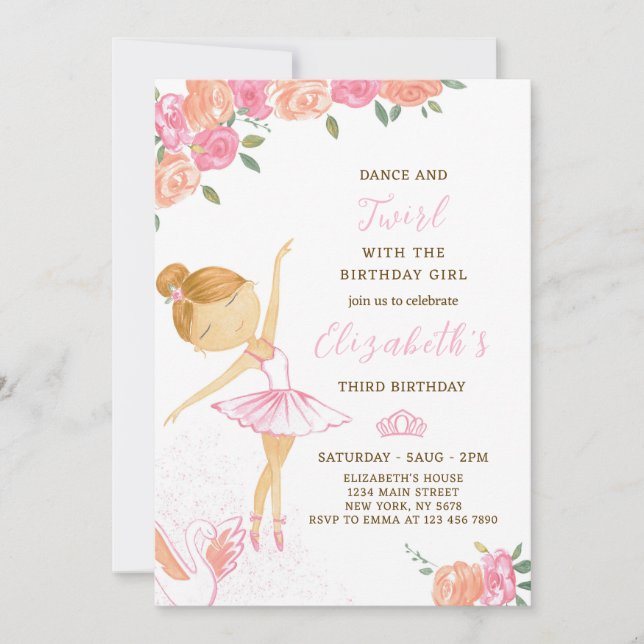 Cute Watercolor Ballerina Invitación de cumpleaños (Anverso)