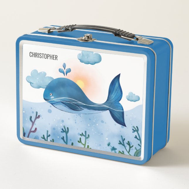 Cute Watercolor Blue Whale and Ocean Waves  (Anverso)