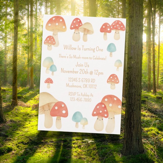 Cute Watercolor Mushroom Niños Invitación al cumpl (Whimsical watercolor mushroom birthday invitation design )
