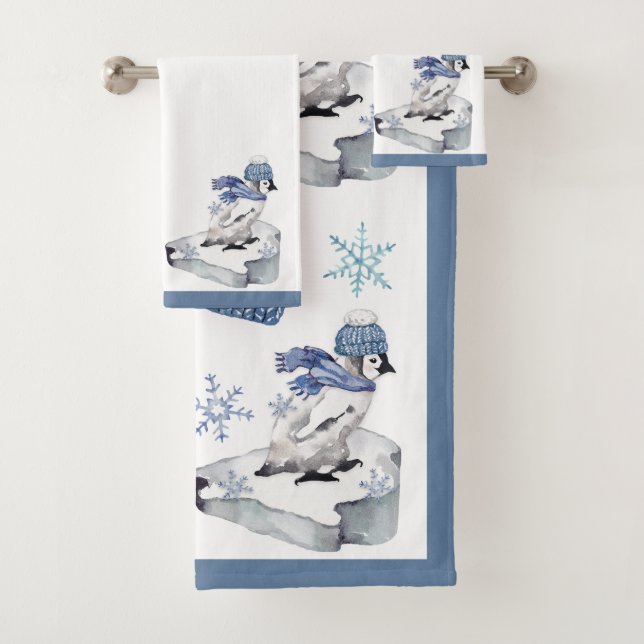 Cute Watercolor Penguin Snowflakes Navidad  (In situ)