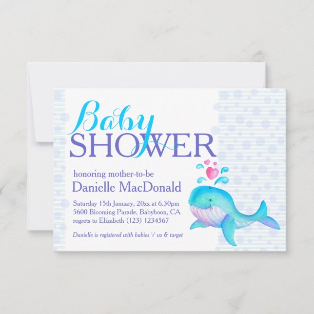 Cute Whale arte baby ducha aqua invitación púrpura (Anverso)