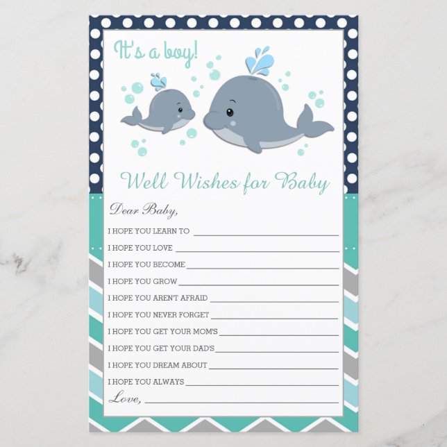 Cute Whale Baby Shower desea una tarjeta de bebé (Anverso)
