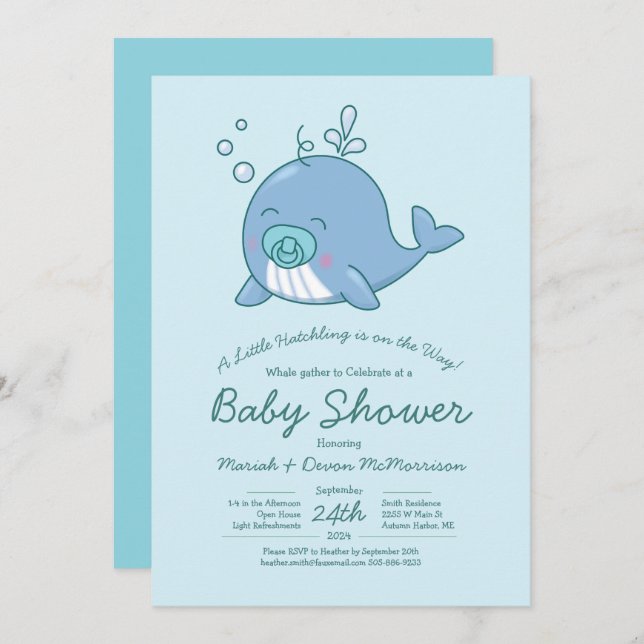 Cute Whale Baby Shower Kawaii Invitación Boy Azul (Anverso / Reverso)