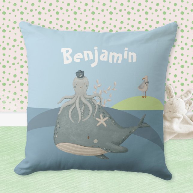 Cute Whale Octopus Seagull Kids Nombre Cojín decor (Cute Whale Squid Seagull Kids Name Throw Pillow ©Susanne Sachers - Sunny Mind Design 🌞)