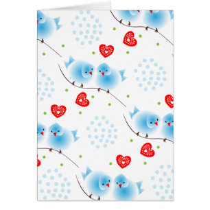 Cute Whimsical Fluffy Blue Love Birds Red Hearts