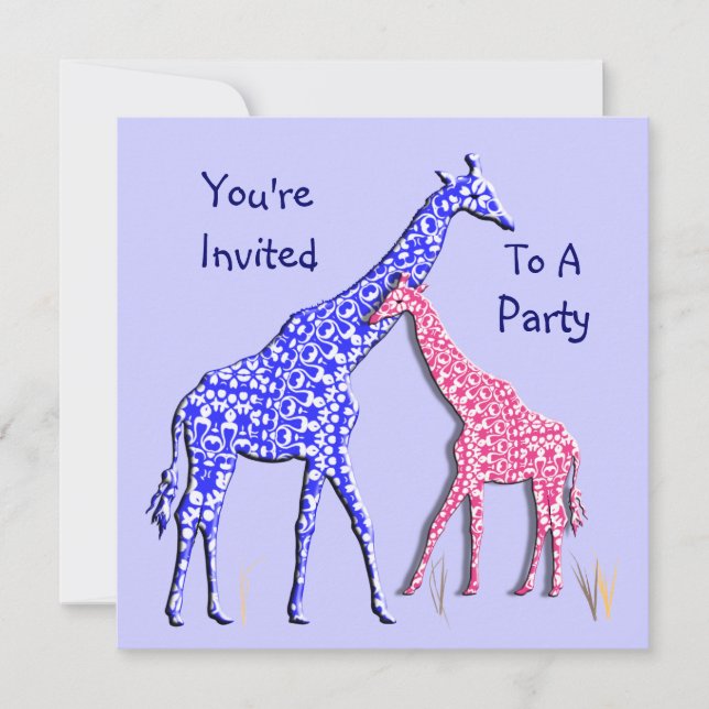 Cute Whimsical Giraffe Pink Blue Party Invitación (Anverso)
