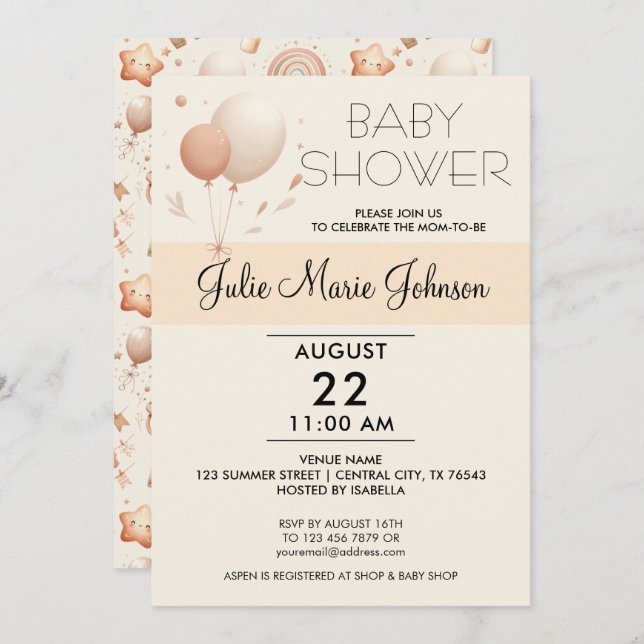Cute Whimsy Baby Shower - Invitación a globos (Anverso / Reverso)