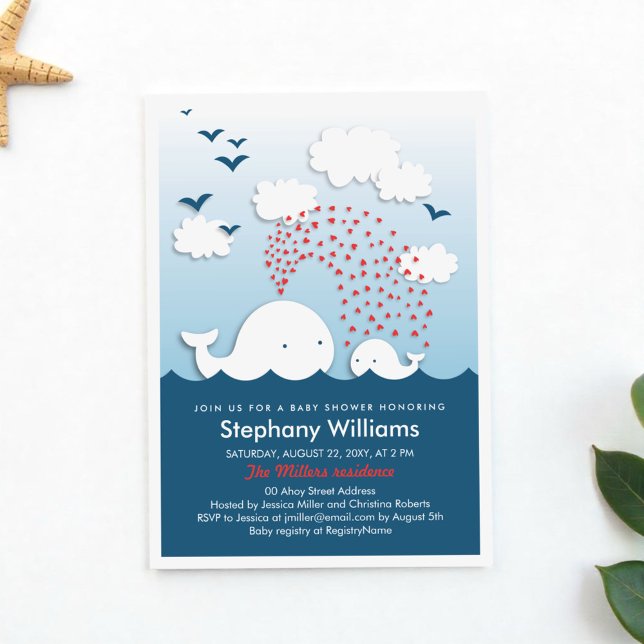 Cute White Whales Elegante Invitación Baby Shower (Subido por el creador)