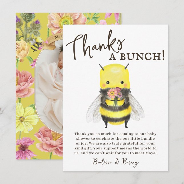Cute Wildflower y Bee Baby Shower Tarjeta de agrad (Anverso / Reverso)