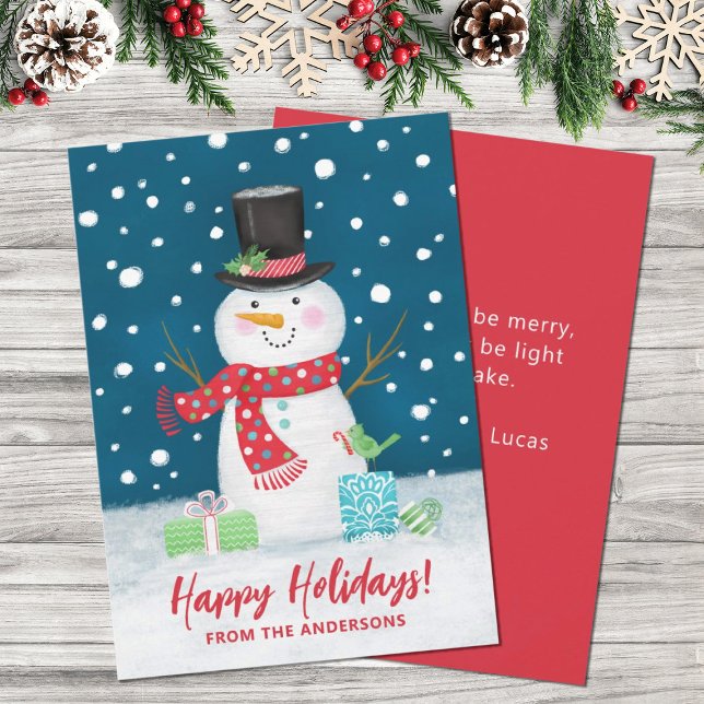 Cute Winter Navidades de Snowman feliz tarjeta de  (A cute festive holiday snowman decorates this Christmas card. Personalize it with your name.)