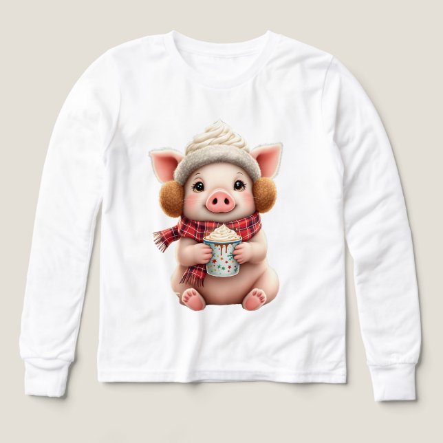 Cute Winter Pig With Hot Cocoa Illustration T-Shir (Diseño frontal)