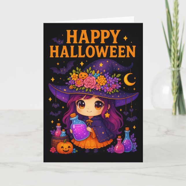 Cute Witch Halloween Tarjeta de felicitaciones dob (Anverso)