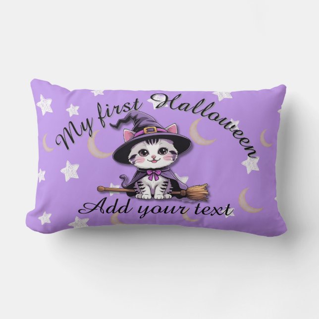 Cute Witch Kitten – Cojín Lumbar de Halloween Past (Anverso)