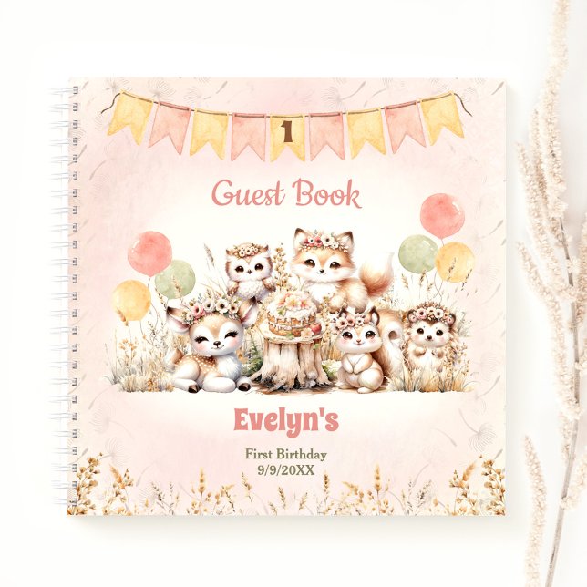 Cute Woodland Animals 1er libro de invitados Chica (Cute Woodland Animals 1st Birthday Girl Guest Book)
