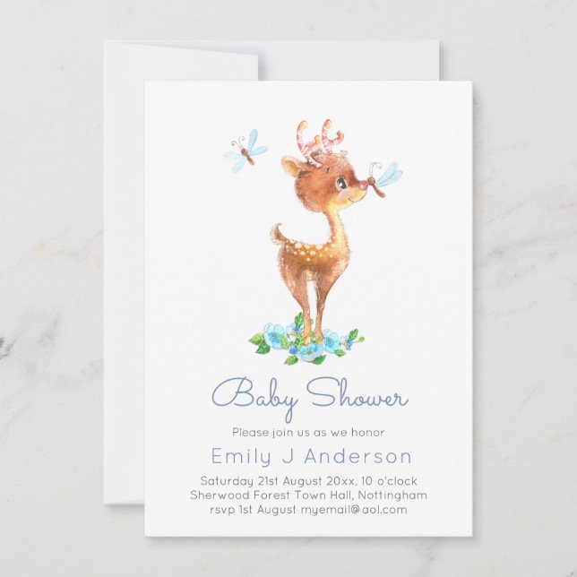 Cute Woodland Deer Watercolo Baby Shower Incl Env. (Anverso)