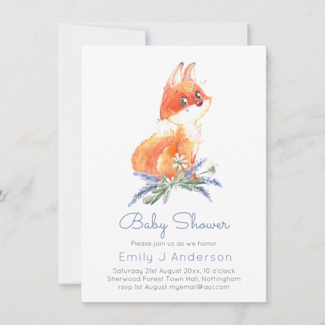 Cute Woodland Fox Lavender Baby Shower Incl Env. (Anverso)