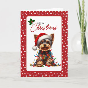 Cute Yorkie Sombrero de Santa & Luces de Navidad D