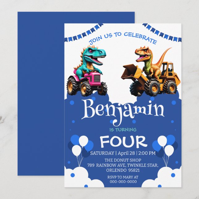 Cuto dinosaurio Excavator tractor balón Cumpleaños (Anverso / Reverso)