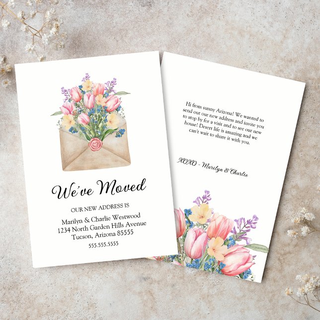 Cuto Hemos Mudado Las Tarjetas De Nota De La Nueva (elegant we've moved change of address notecards with watercolor floral tulips and wildflowers)