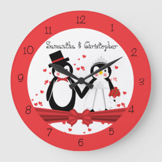 Cuto pingüino de novia y reloj de pared de Boda de