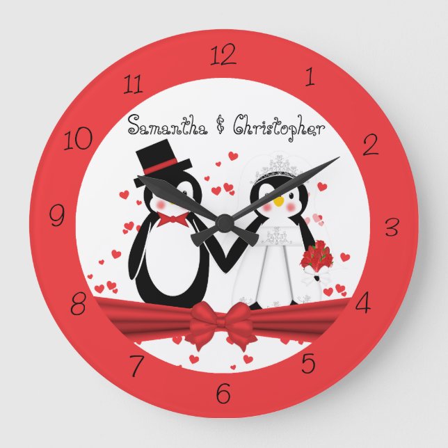 Cuto pingüino de novia y reloj de pared de Boda de (Anverso)