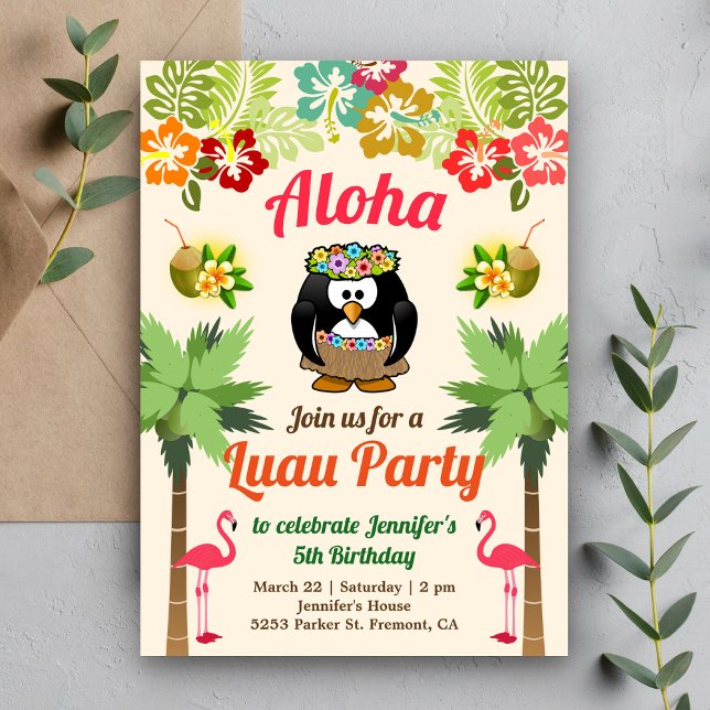 Cuto pingüino hawaiano | Invitación de cumpleaños  (Subido por el creador)