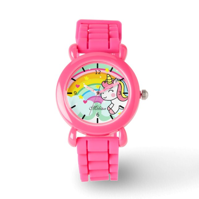 Cuto reloj de unicornio arcoiris personalizado (Anverso)