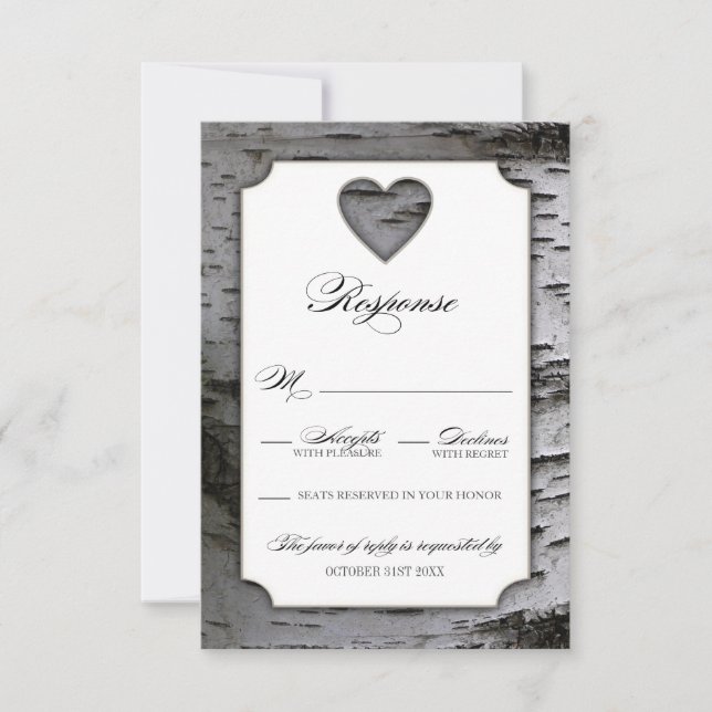 Cutout Heart Birch Tree Bark Wedk Boda RSVP Tarjet (Anverso)