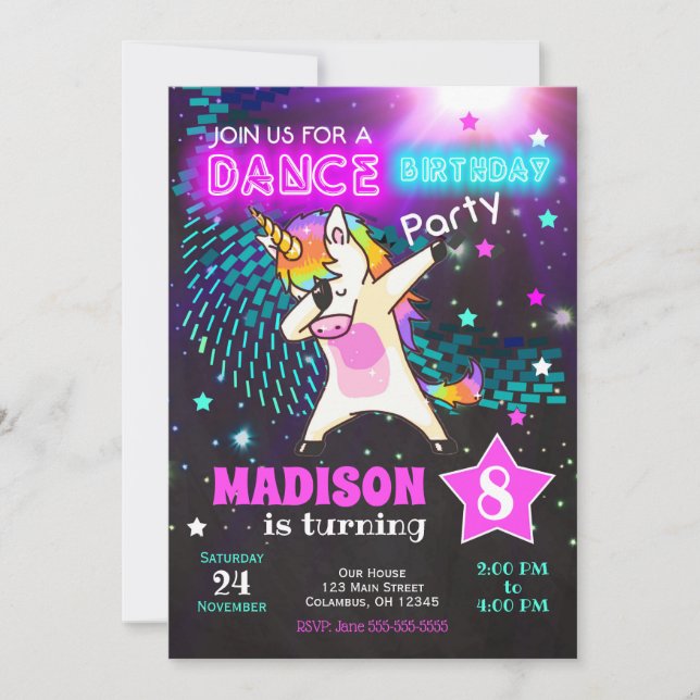 Dabbing Unicornio Invitación al cumpleaños / Fiest (Anverso)